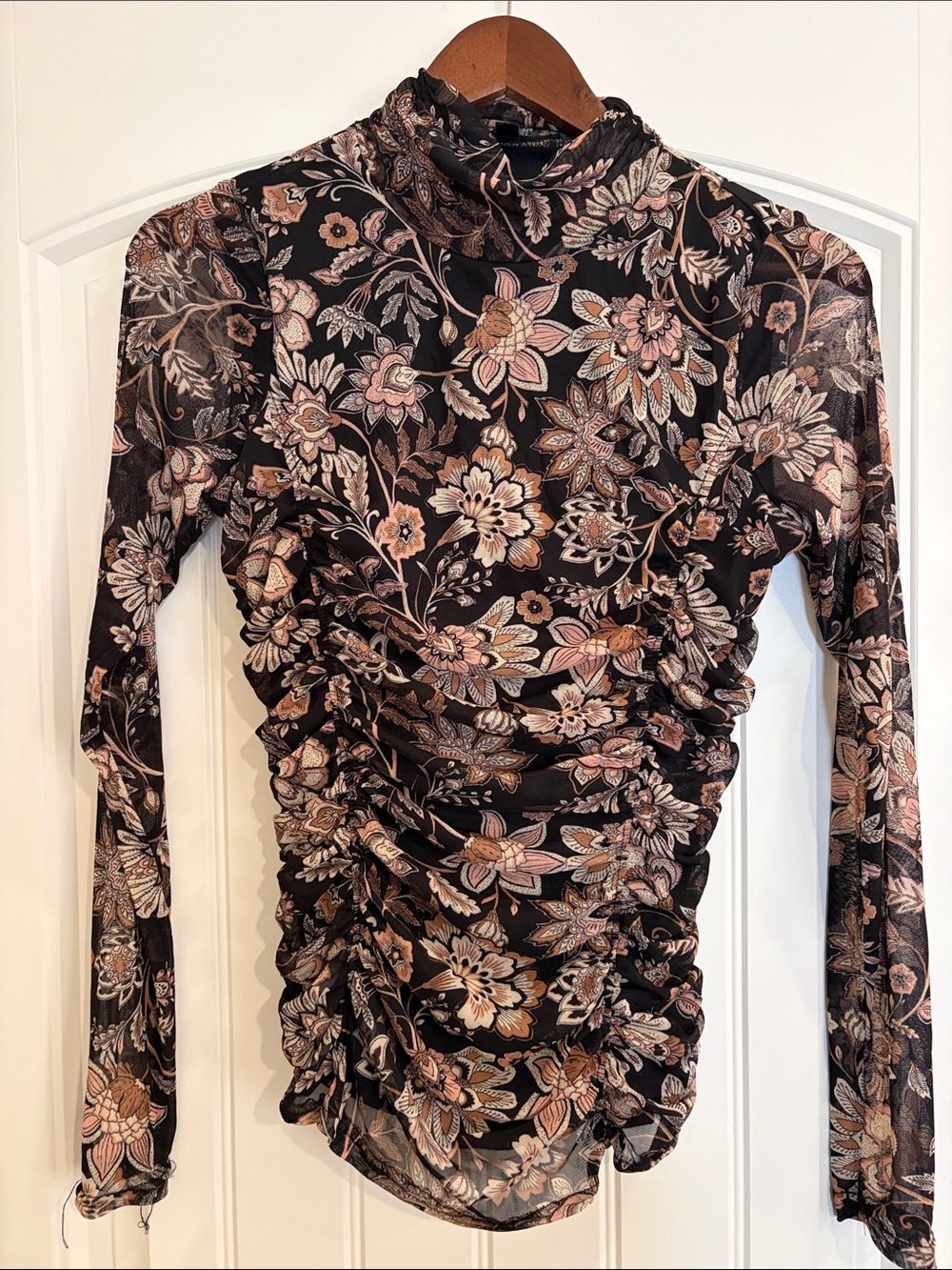 Floral Ruched Long-Sleeve Top- Black with Blush Floral